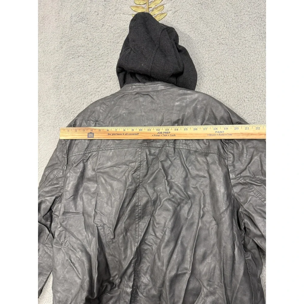 Kenneth Cole Reaction Jacket Mens 2XL Black Faux Leather Hooded Moto Zip‎ Bomber